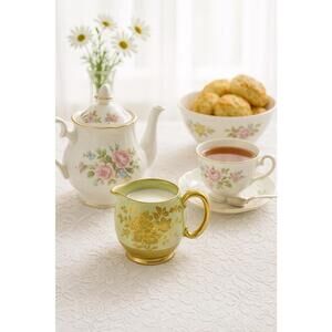 Sadler England 1950s Ceramic Gold Luster Floral Creamer Jug Mint & Gold, 4.5x5”